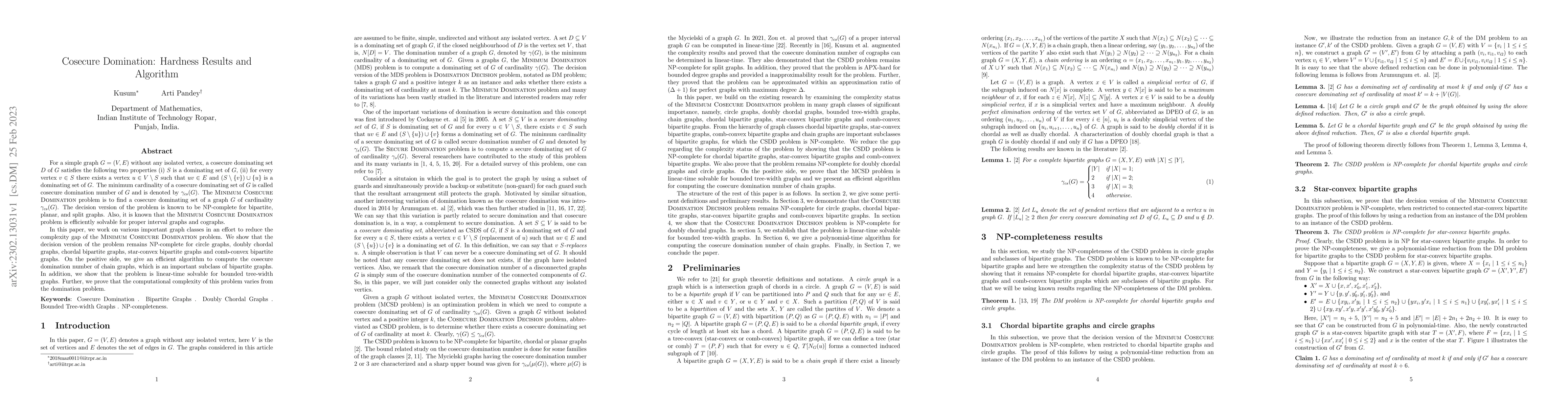 Thumbnail for Cosecure Domination: Hardness Results and Algorithm