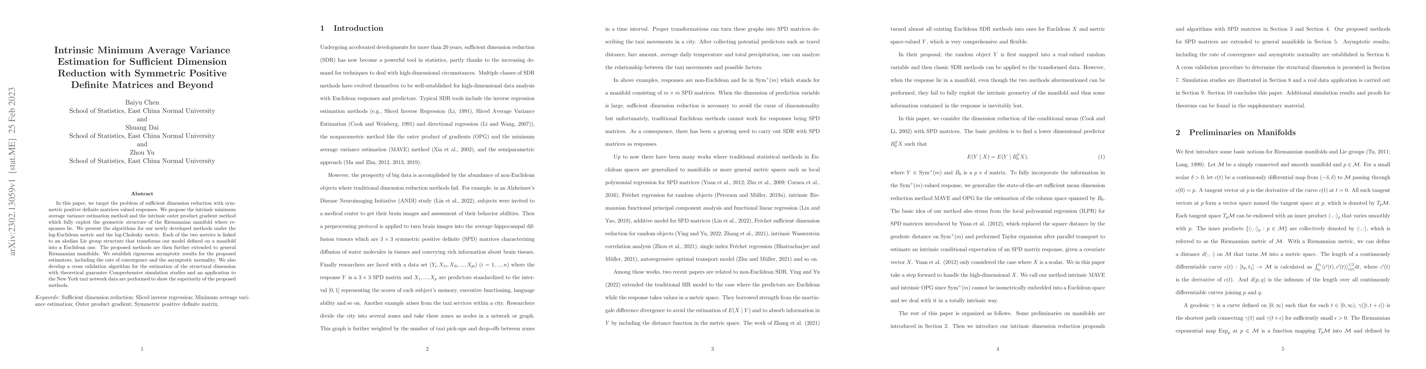 Thumbnail for Intrinsic minimum average variance estimation for sufficient dimension
  reduction with symmetric positive definite matrices and beyond