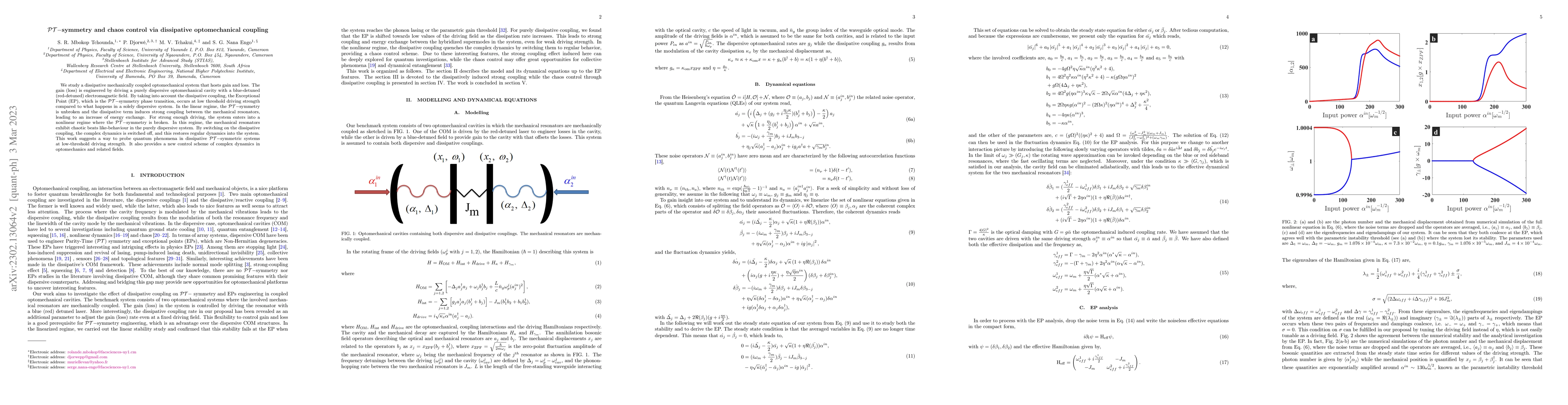 Thumbnail for $\mathcal{PT}-$symmetry and chaos control via dissipative optomechanical
  coupling