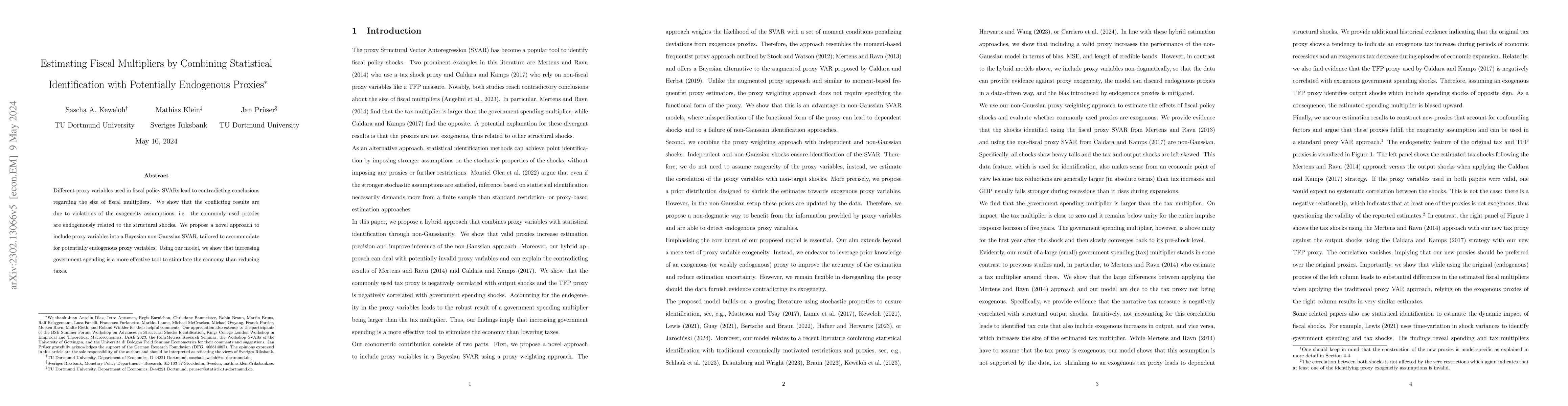 Thumbnail for Estimating Fiscal Multipliers by Combining Statistical Identification
  with Potentially Endogenous Proxies