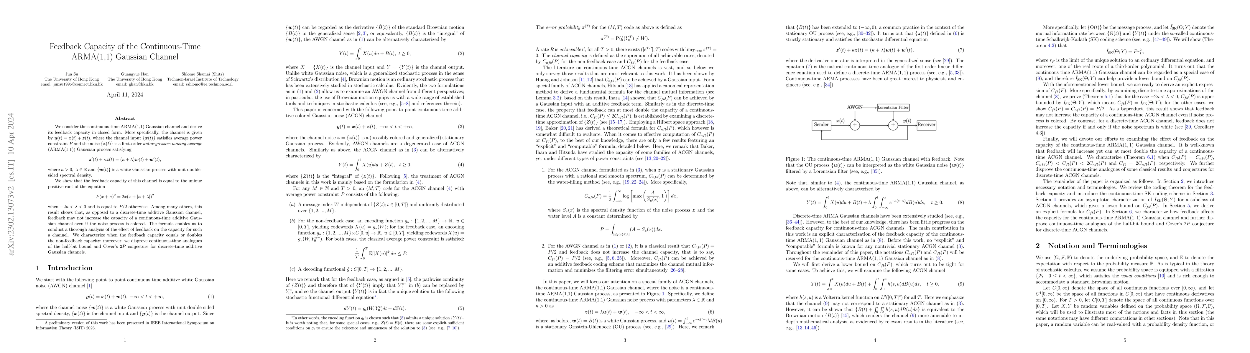 Thumbnail for Feedback Capacity of the Continuous-Time ARMA(1,1) Gaussian Channel