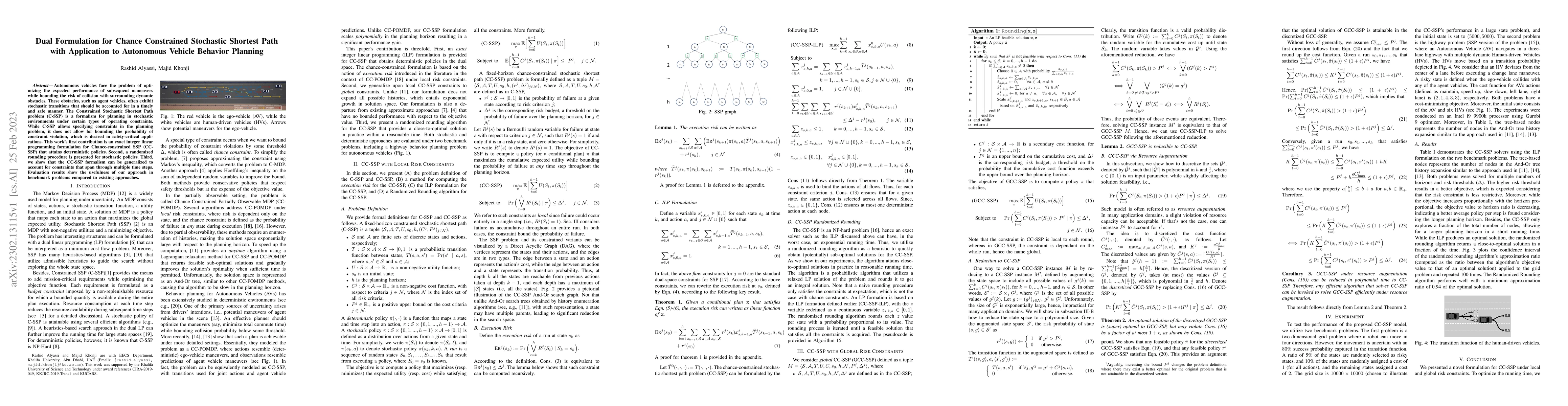 Thumbnail for Dual Formulation for Chance Constrained Stochastic Shortest Path with
  Application to Autonomous Vehicle Behavior Planning