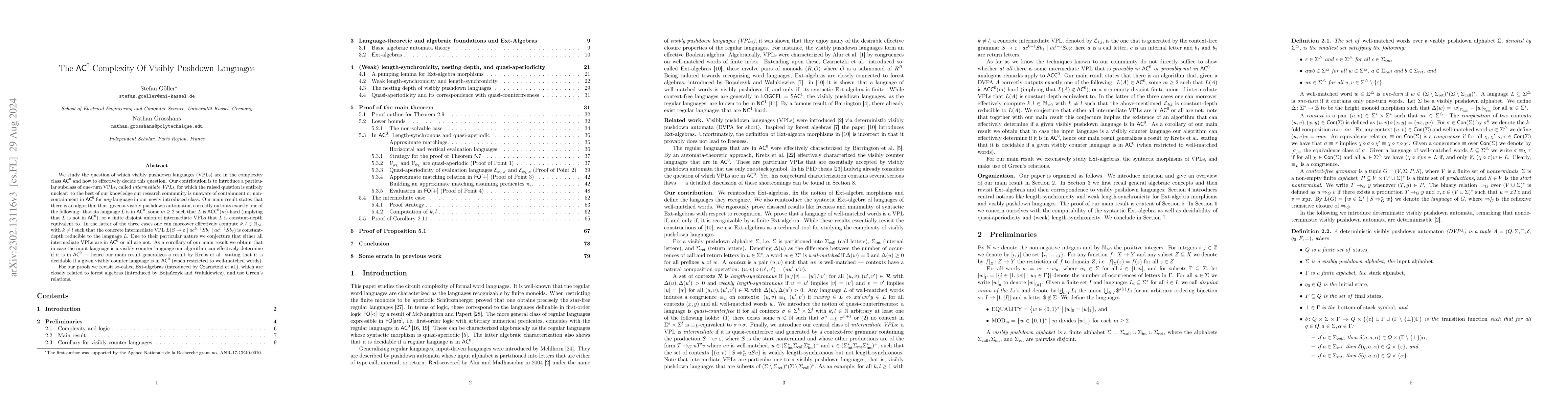 Thumbnail for The $\mathsf{AC}^0$-Complexity Of Visibly Pushdown Languages