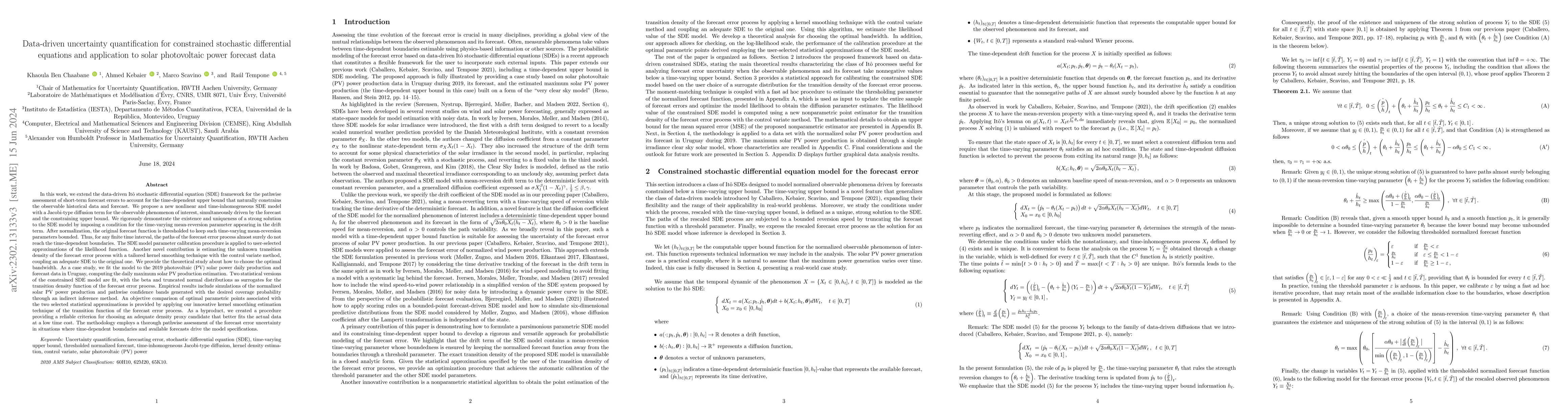 Thumbnail for Data-driven uncertainty quantification for constrained stochastic
  differential equations and application to solar photovoltaic power forecast
  data