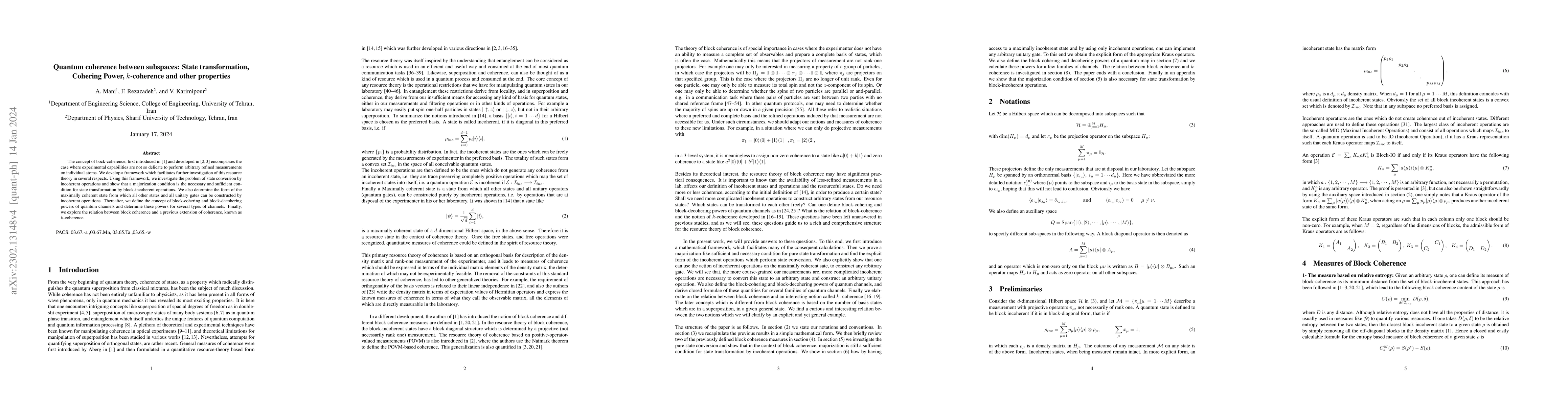 Thumbnail for Quantum coherence between subspaces: State transformation, Cohering
  Power, $k$-coherence and other properties
