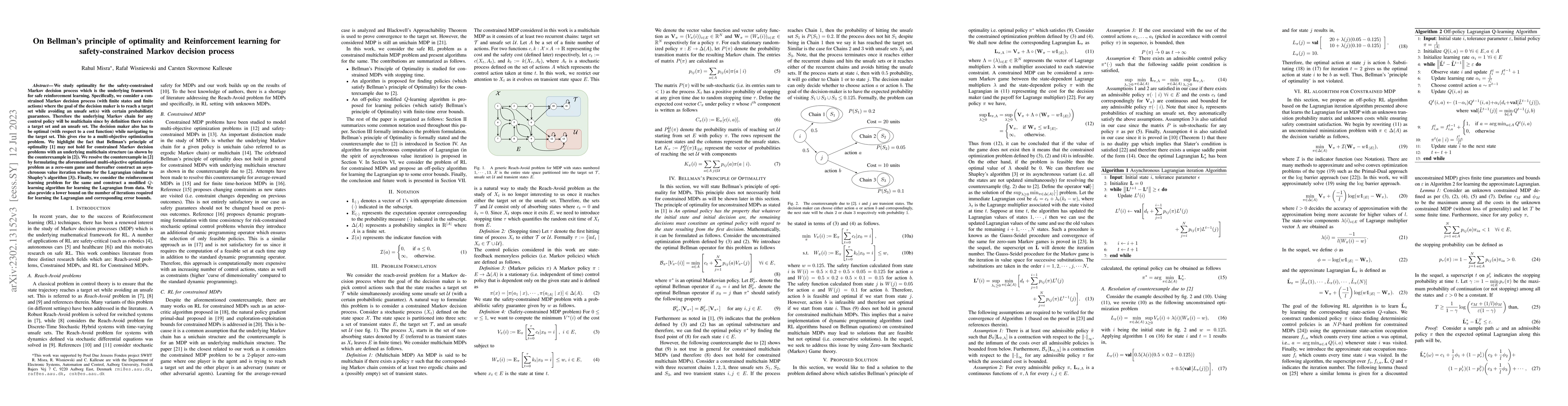 Thumbnail for On Bellman's principle of optimality and Reinforcement learning for
  safety-constrained Markov decision process