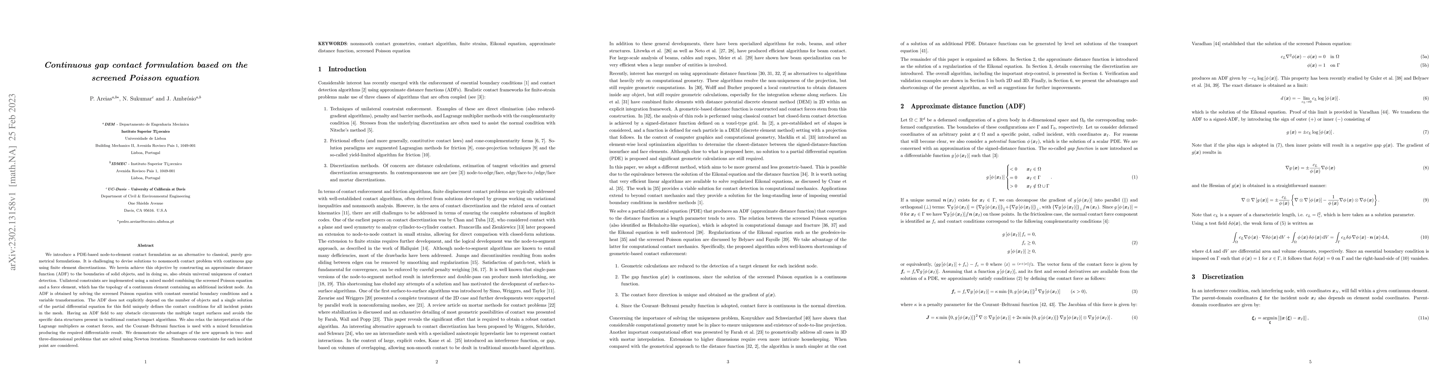 Thumbnail for Continuous gap contact formulation based on the screened Poisson
  equation