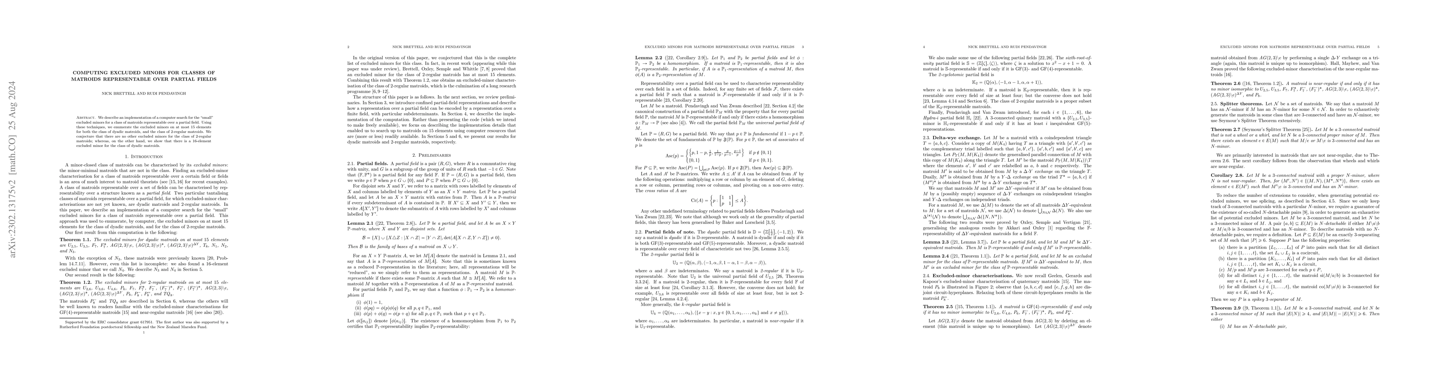 Thumbnail for Computing excluded minors for classes of matroids representable over
  partial fields