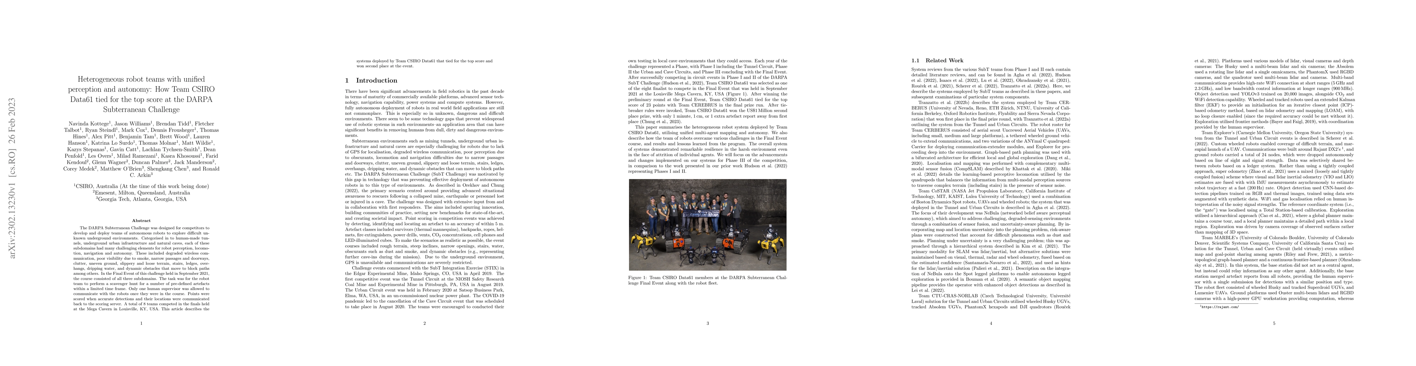 Thumbnail for Heterogeneous robot teams with unified perception and autonomy: How Team
  CSIRO Data61 tied for the top score at the DARPA Subterranean Challenge
