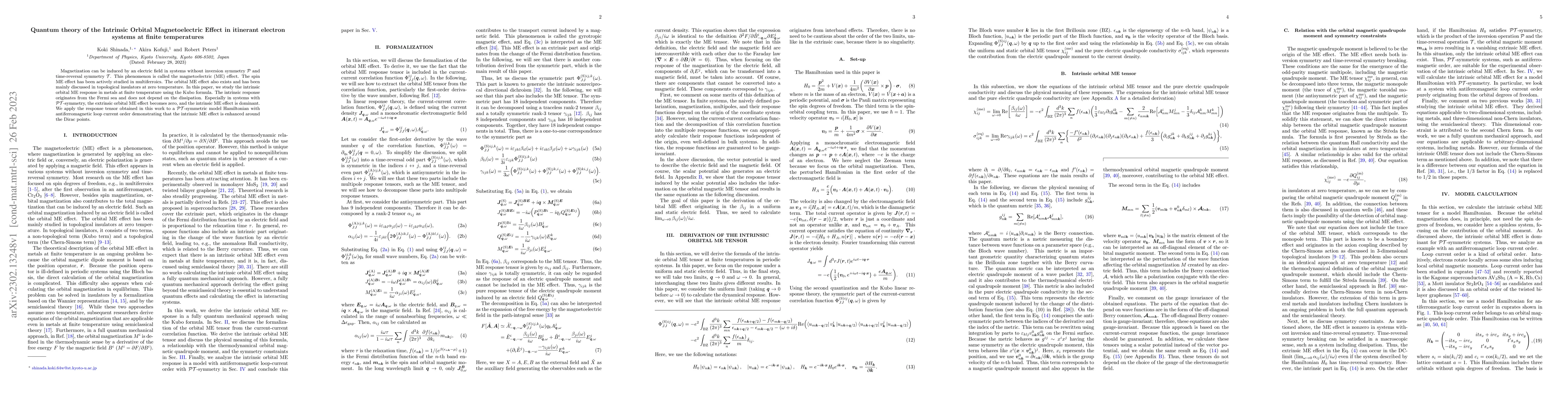 Thumbnail for Quantum theory of the Intrinsic Orbital Magnetoelectric Effect in
  itinerant electron systems at finite temperatures