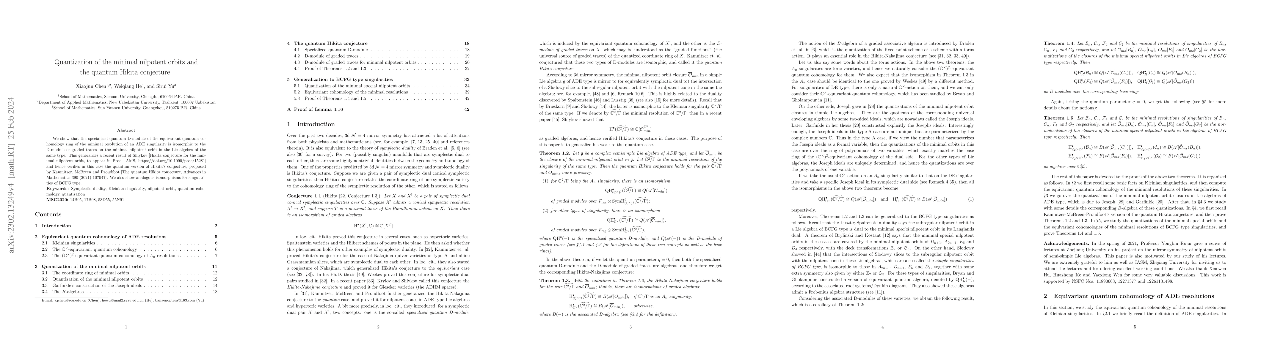 Thumbnail for Quantization of the minimal nilpotent orbits and the quantum Hikita
  conjecture