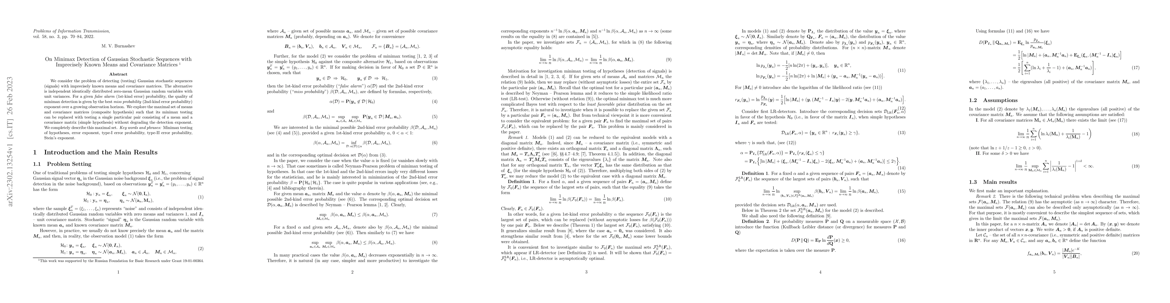 Thumbnail for On Minimax Detection of Gaussian Stochastic Sequences with Imprecisely
  Known Means and Covariance Matrices