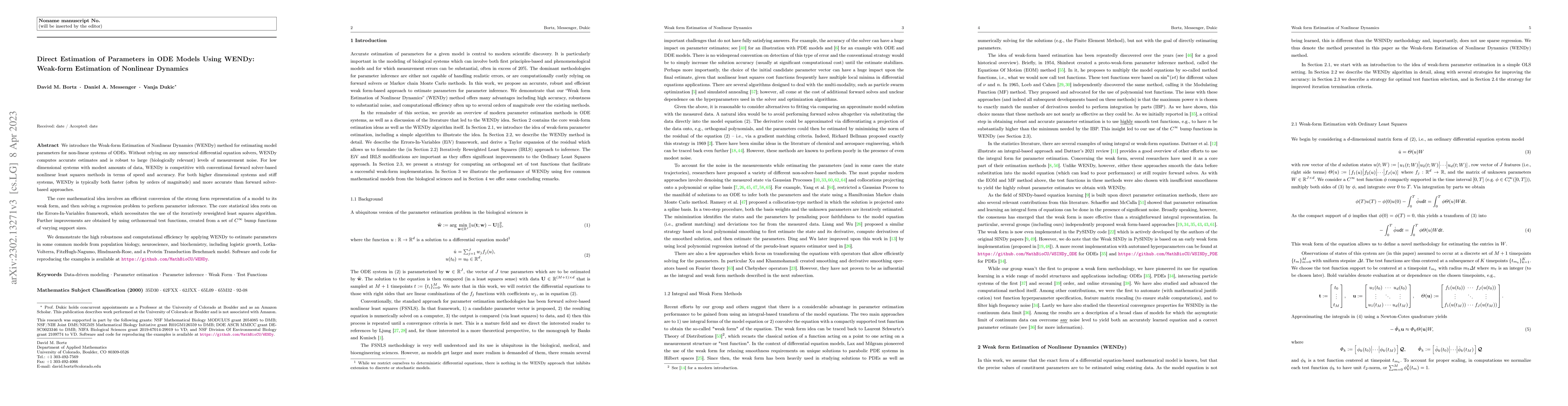 Thumbnail for Direct Estimation of Parameters in ODE Models Using WENDy: Weak-form
  Estimation of Nonlinear Dynamics