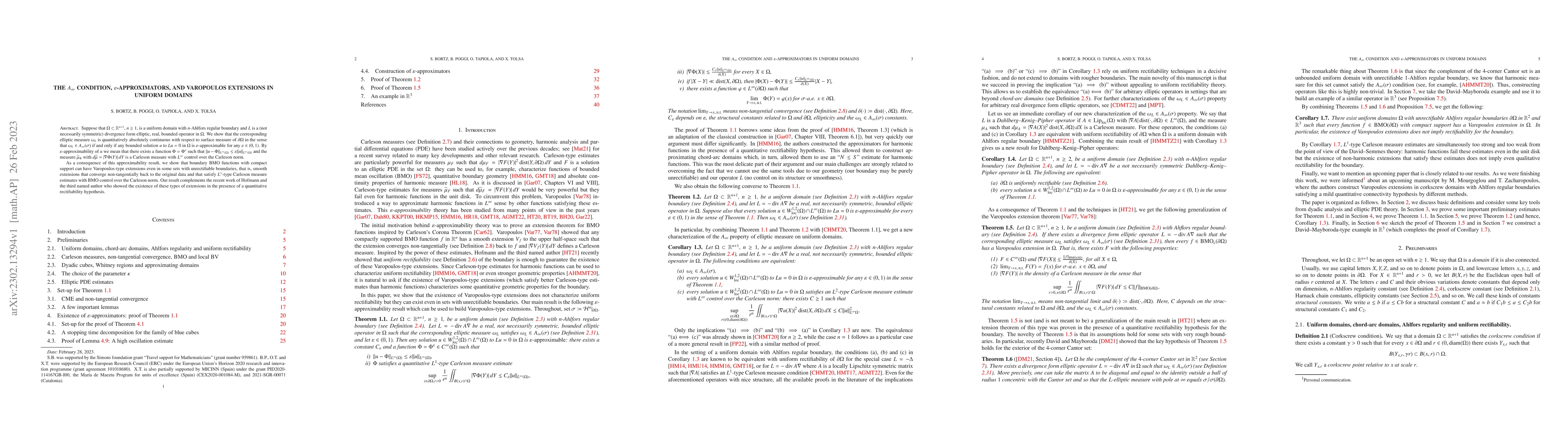 Thumbnail for The $A_\infty$ condition, $\varepsilon$-approximators, and Varopoulos
  extensions in uniform domains