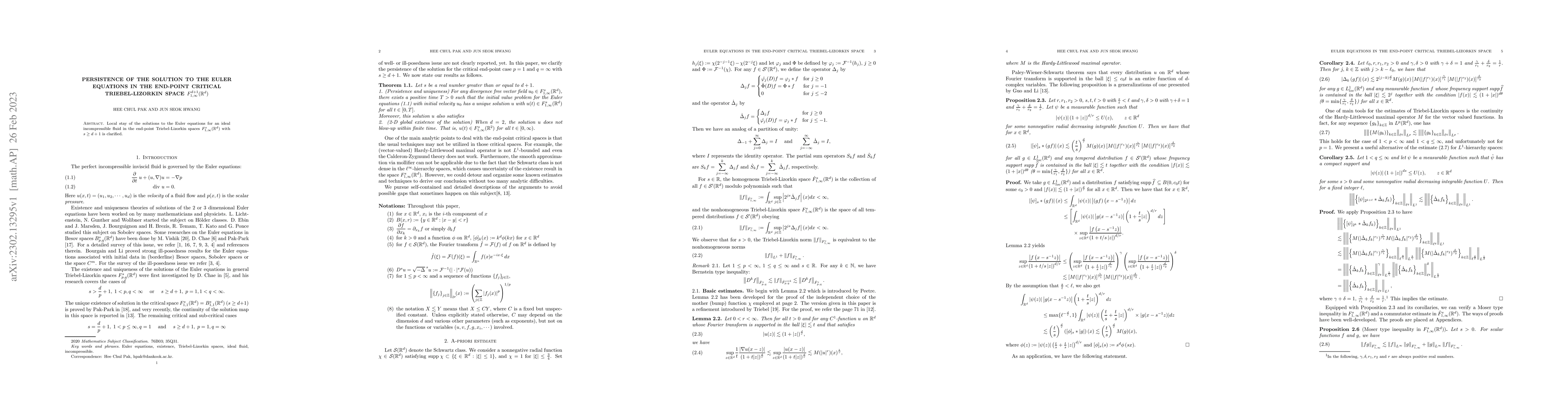 Thumbnail for Persistence of the solution to the Euler equations in the end-point
  critical Triebel-Lizorkin space $F^{d+1}_{1, \infty}(\mathbb{R}^d)$