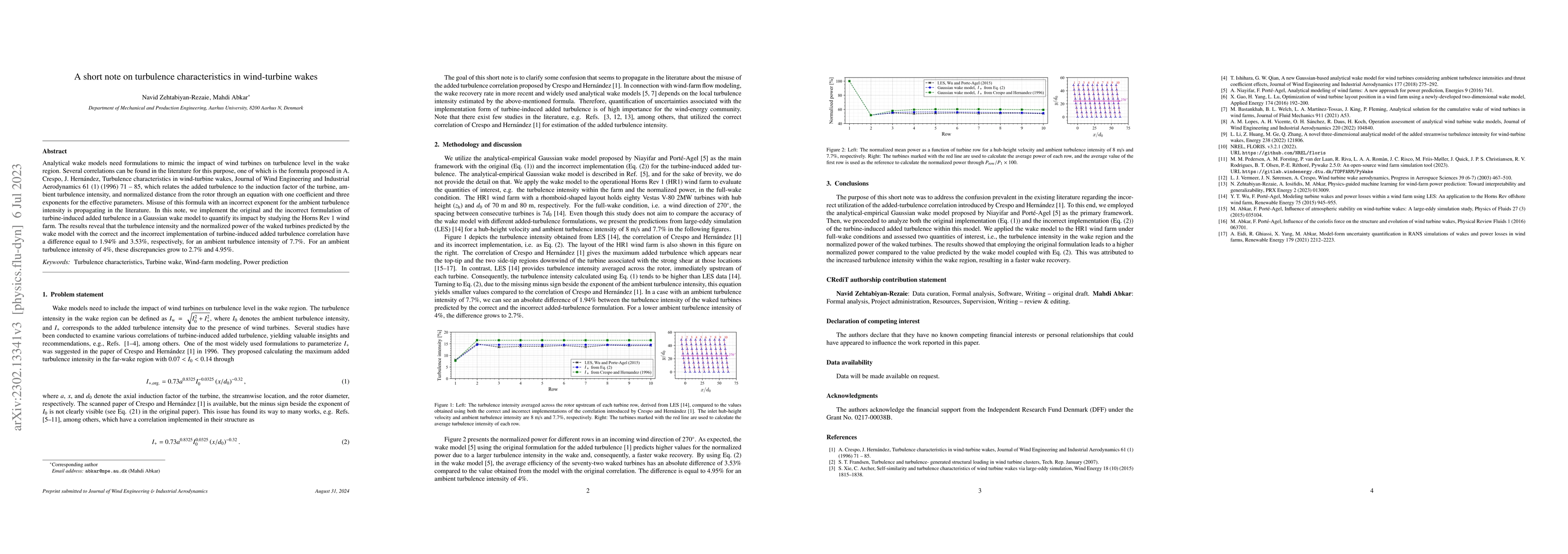 Thumbnail for A short note on turbulence characteristics in wind-turbine wakes