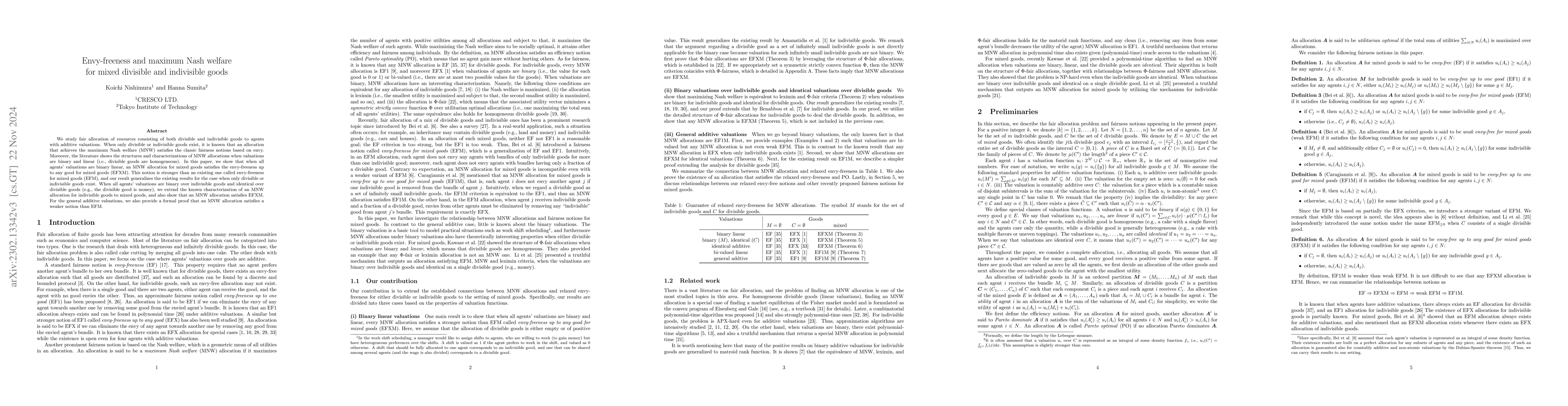 Thumbnail for Envy-freeness and maximum Nash welfare for mixed divisible and
  indivisible goods