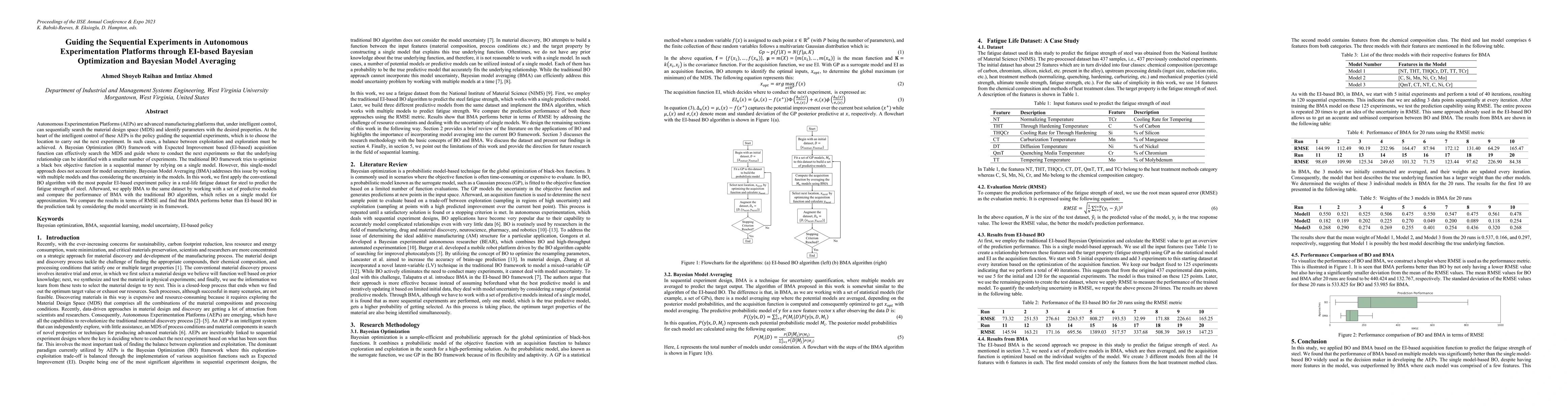 Thumbnail for Guiding the Sequential Experiments in Autonomous Experimentation
  Platforms through EI-based Bayesian Optimization and Bayesian Model Averaging