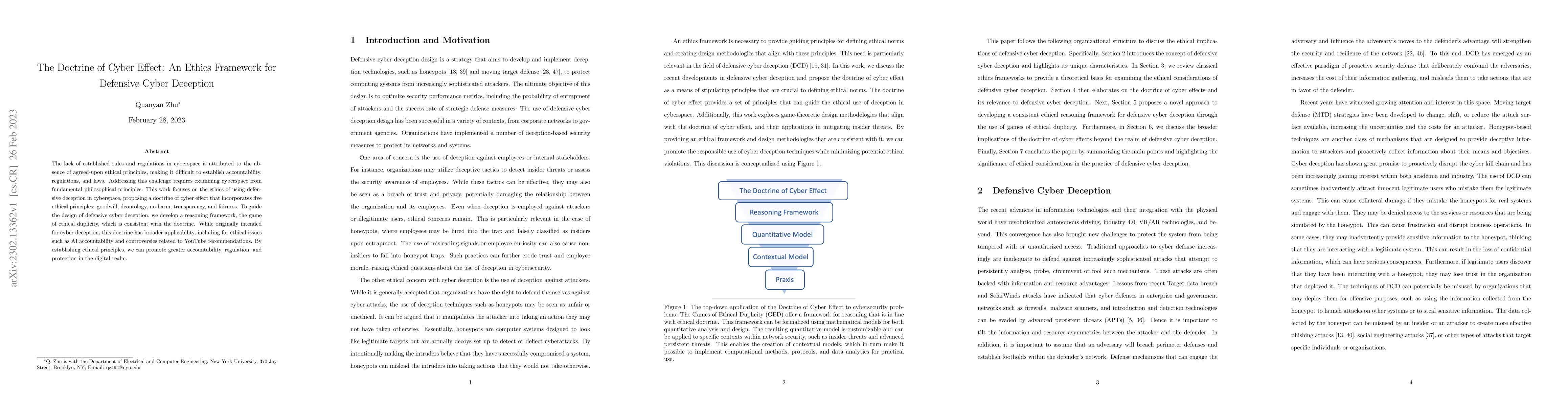 Thumbnail for The Doctrine of Cyber Effect: An Ethics Framework for Defensive Cyber
  Deception