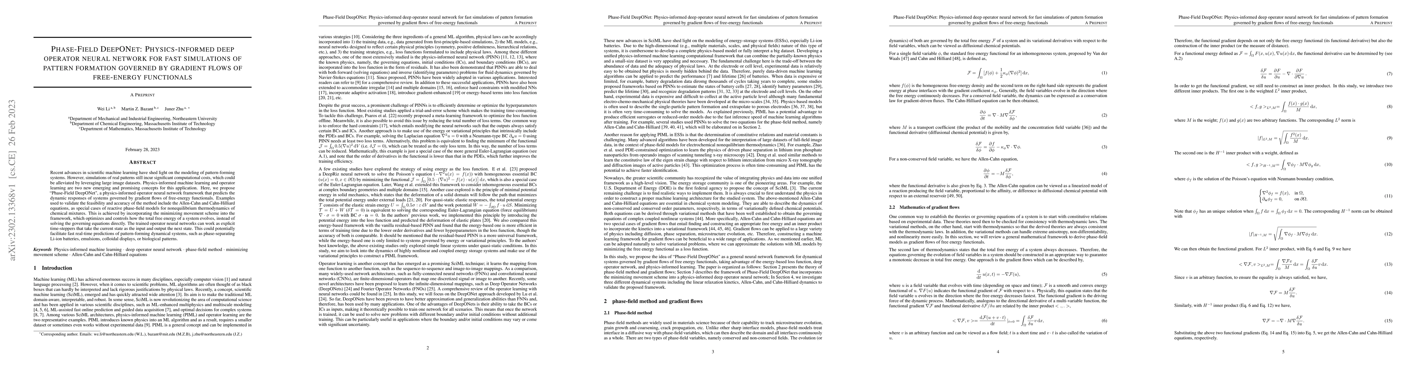 Thumbnail for Phase-Field DeepONet: Physics-informed deep operator neural network for
  fast simulations of pattern formation governed by gradient flows of
  free-energy functionals