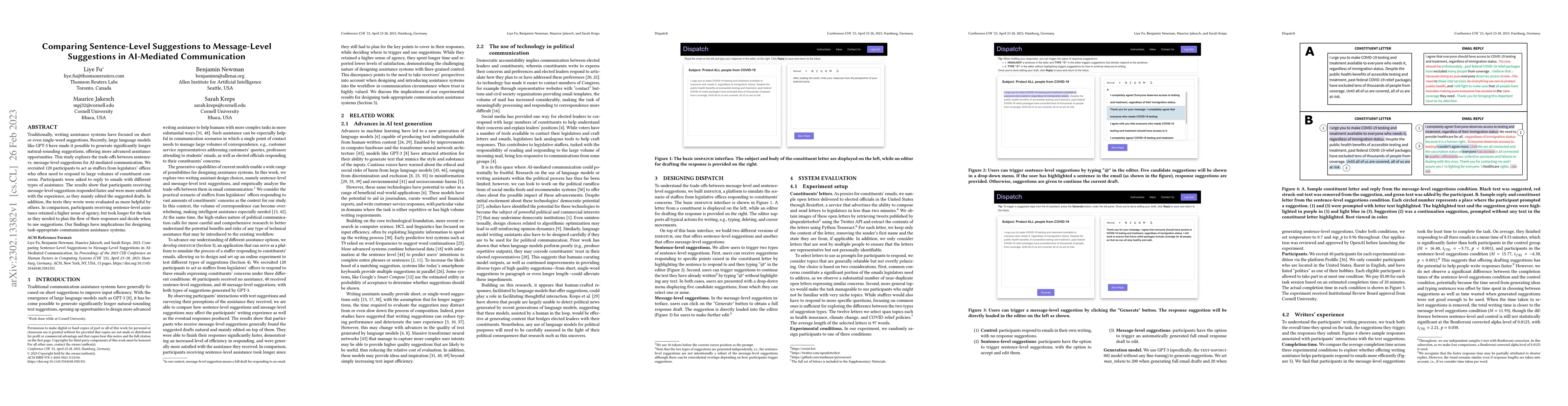 Thumbnail for Comparing Sentence-Level Suggestions to Message-Level Suggestions in
  AI-Mediated Communication
