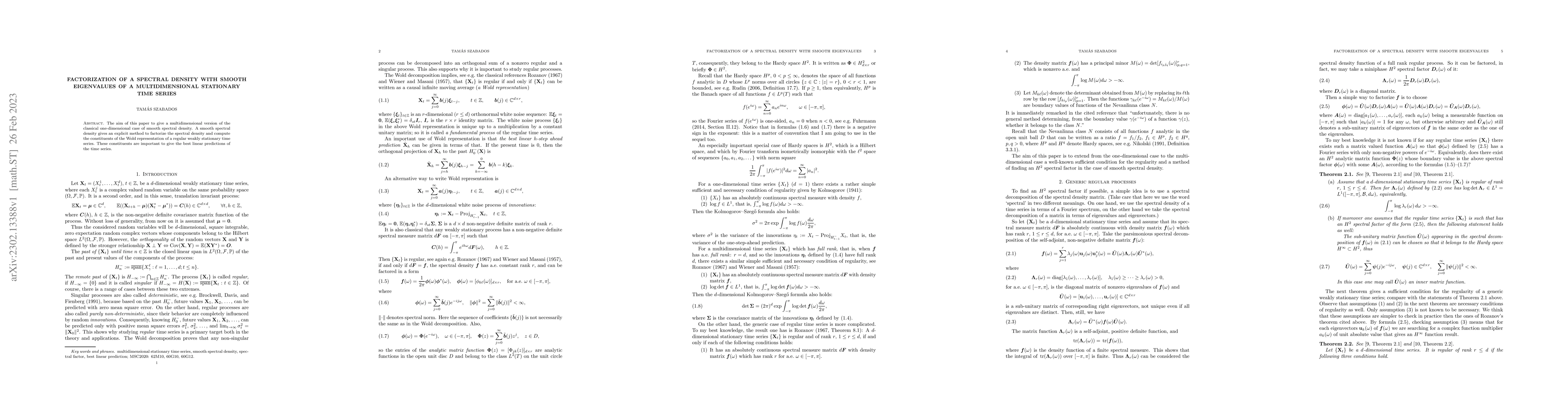 Thumbnail for Factorization of a spectral density with smooth eigenvalues of a
  multidimensional stationary time series