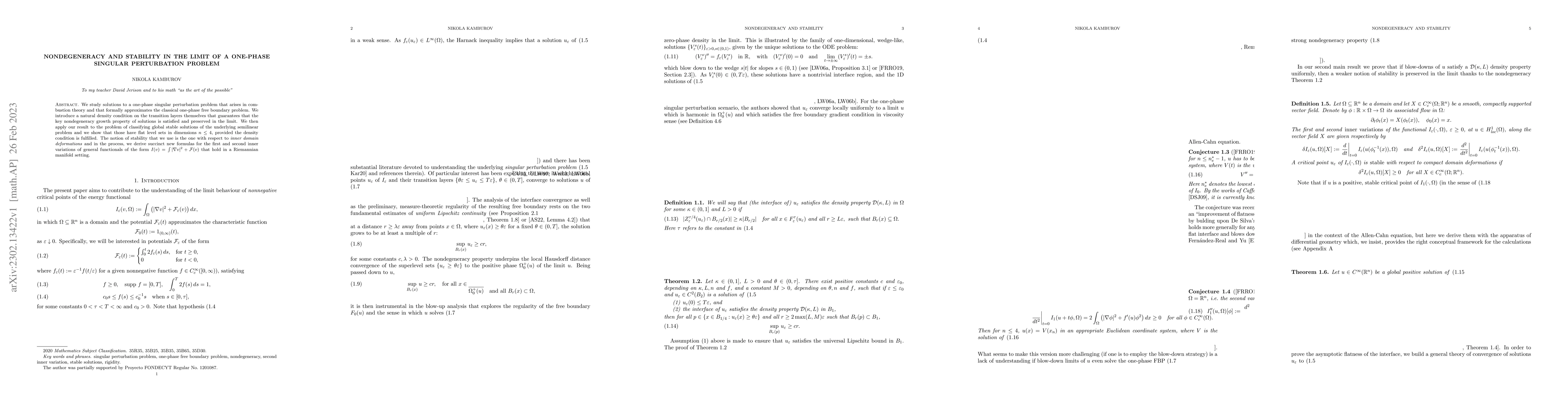Thumbnail for Nondegeneracy and stability in the limit of a one-phase singular
  perturbation problem