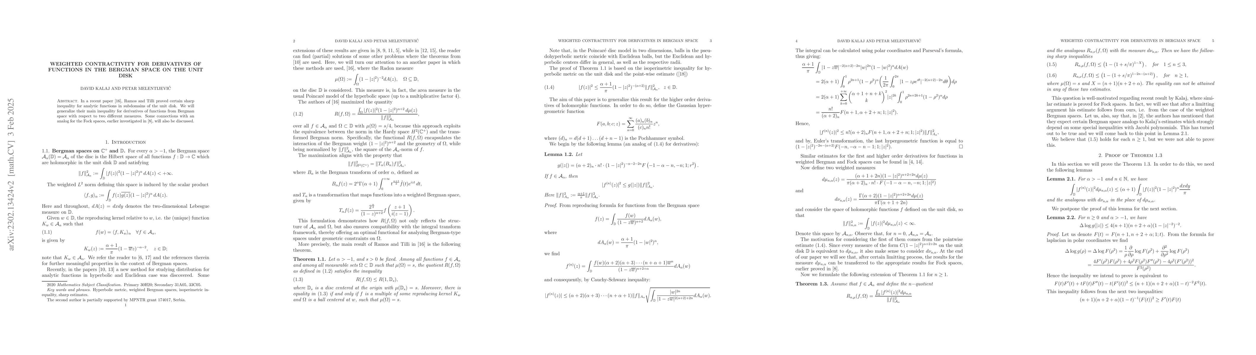 Thumbnail for Weighted contractivity for derivatives of functions in the Bergman space
  on the unit disk