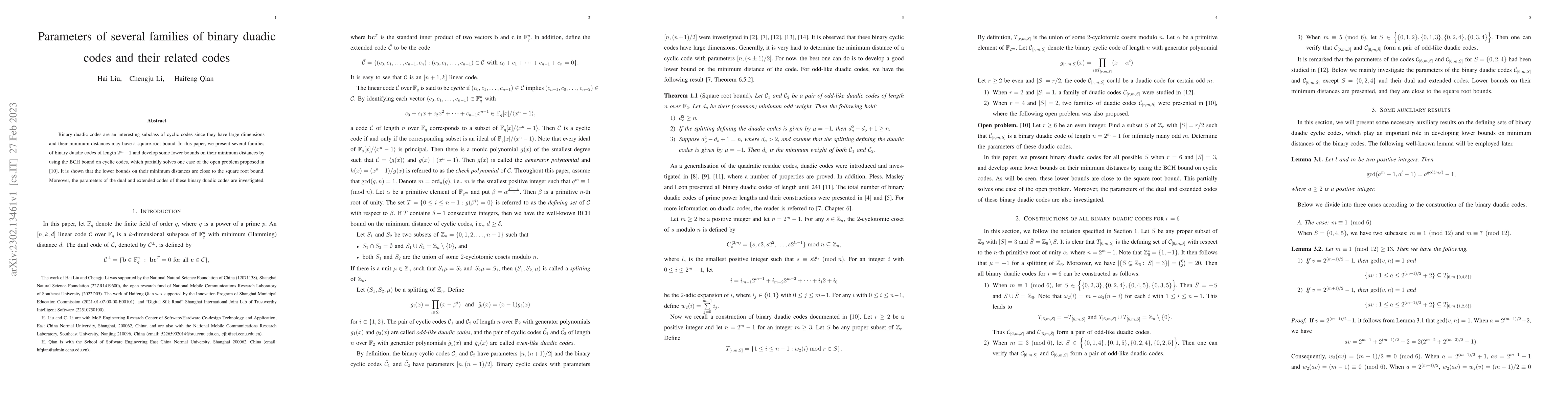 Thumbnail for Parameters of several families of binary duadic codes and their related
  codes