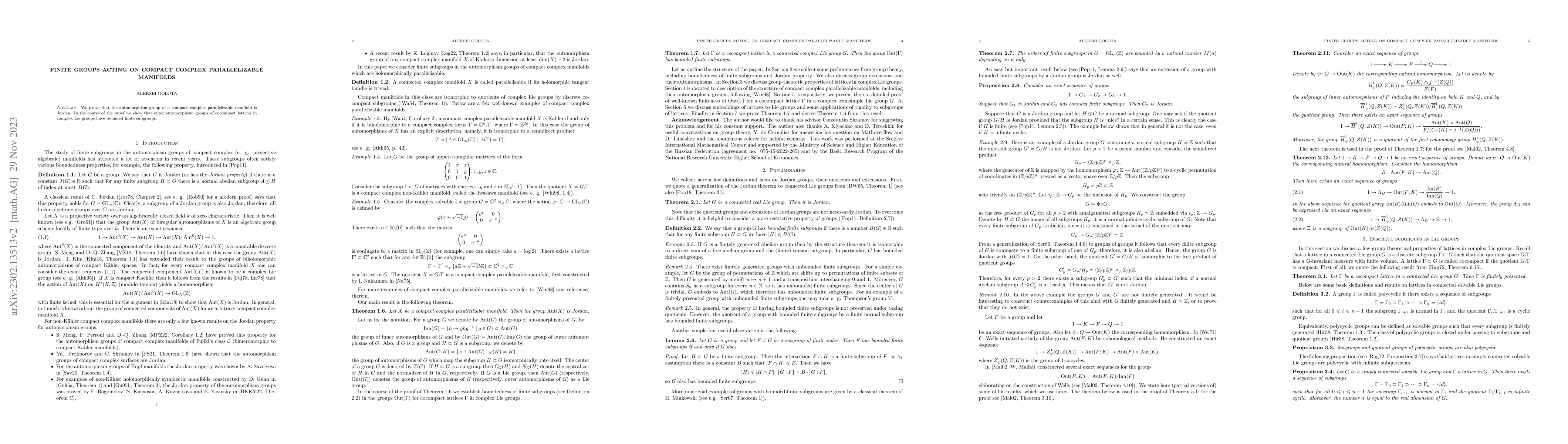 Thumbnail for Finite groups acting on compact complex parallelizable manifolds