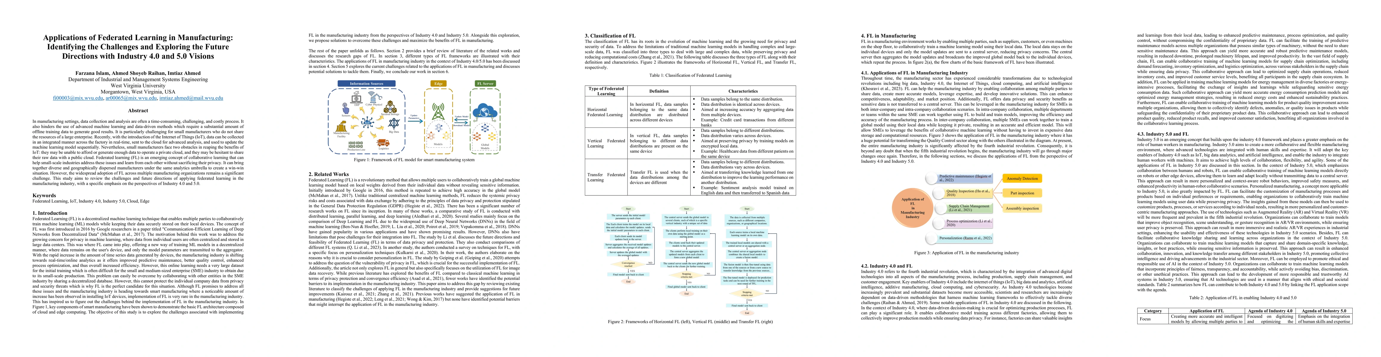 Thumbnail for Applications of Federated Learning in Manufacturing: Identifying the
  Challenges and Exploring the Future Directions with Industry 4.0 and 5.0
  Visions
