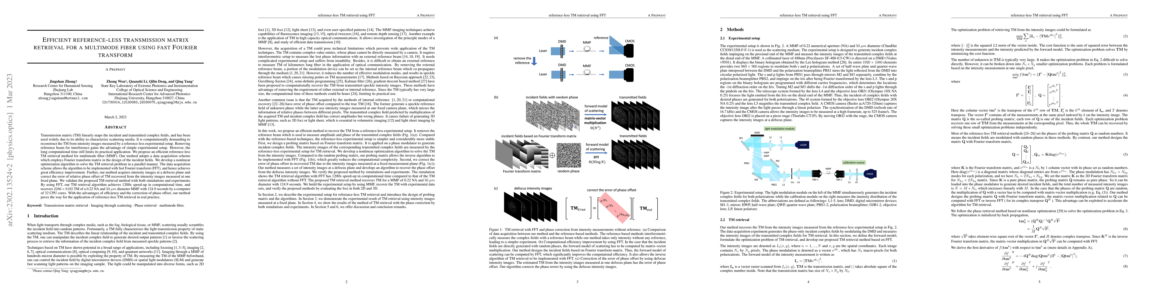 Thumbnail for Efficient reference-less transmission matrix retrieval for a multimode
  fiber using fast Fourier transform