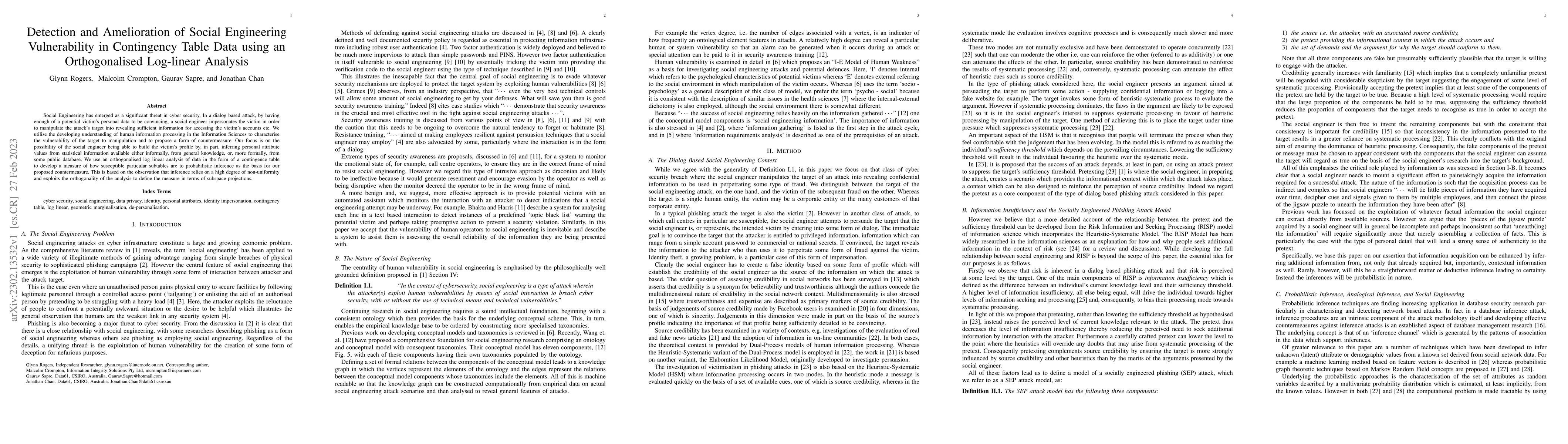 Thumbnail for Detection and Amelioration of Social Engineering Vulnerability in
  Contingency Table Data using an Orthogonalised Log-linear Analysis