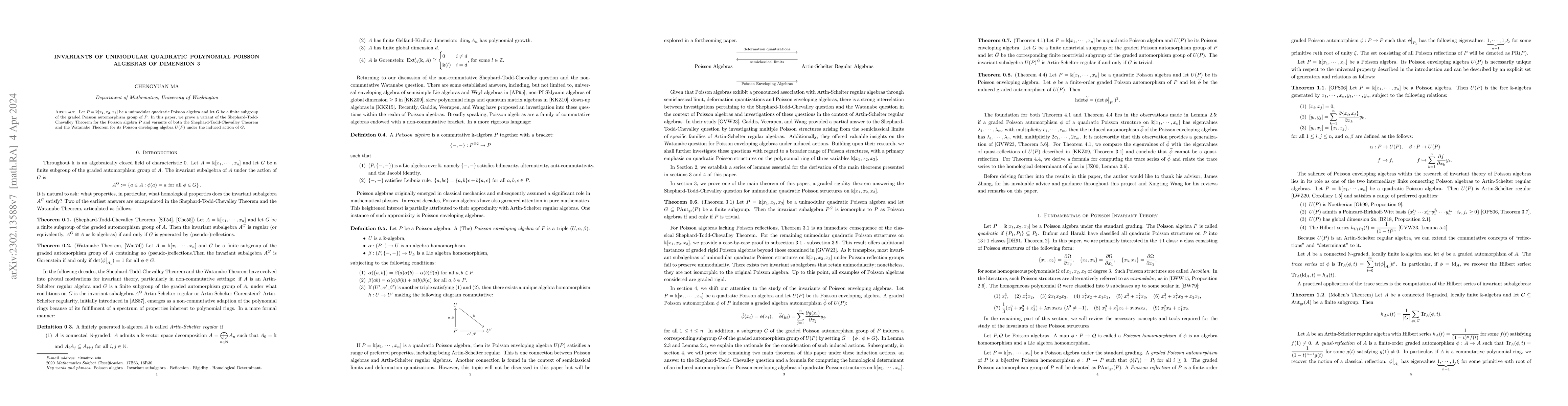 Thumbnail for Invariants of Unimodular Quadratic Polynomial Poisson Algebras of
  Dimension 3