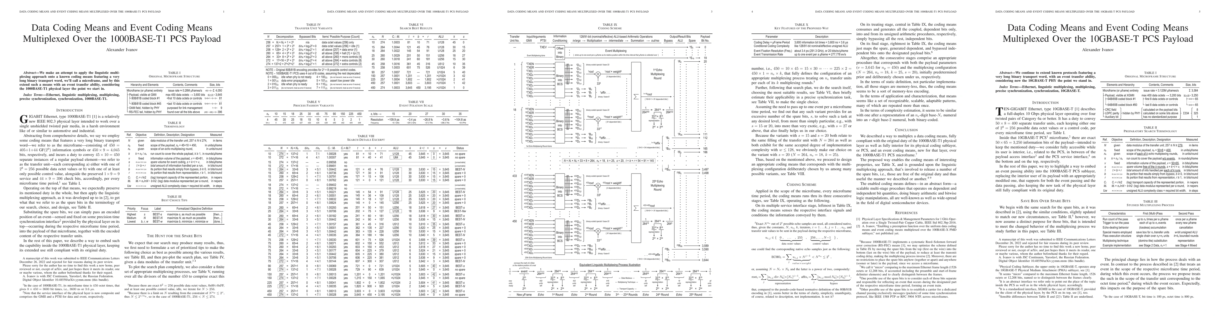 Thumbnail for A collection of the data coding means and event coding means multiplexed
  over the 1000BASE-T1, 10GBASE-T, 10GBASE-KR, MultiGBASE-T1, 25G/40GBASE-T,
  2.5G/5GBASE-T, 100GBASE-R, 10G/25G-EPON, and 10GPASS-XR microframes