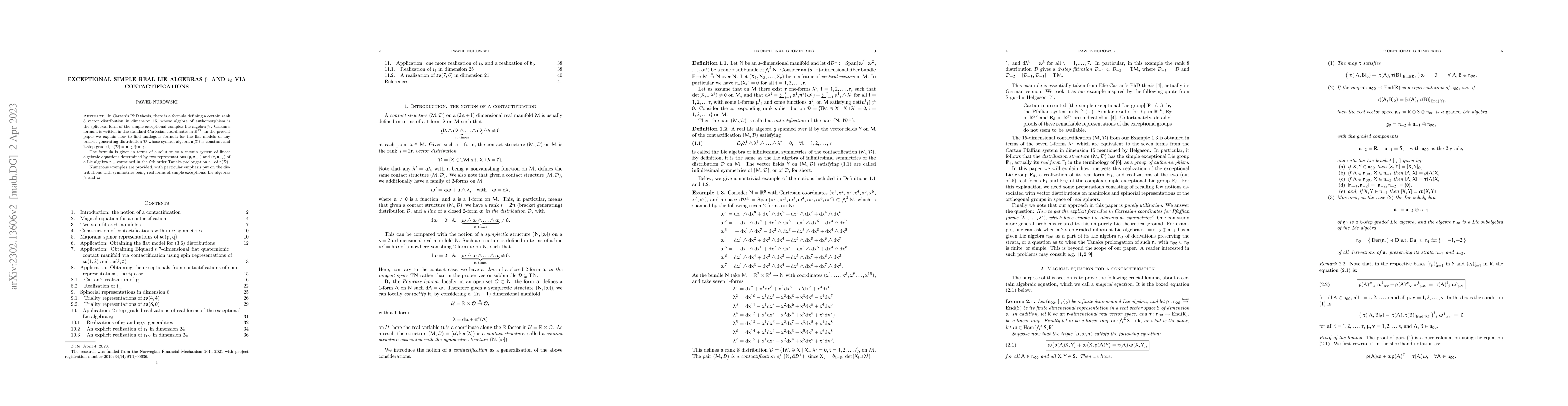 Thumbnail for Exceptional real Lie algebras $\mathfrak{f}_4$ and $\mathfrak{e}_6$ via
  contactifications