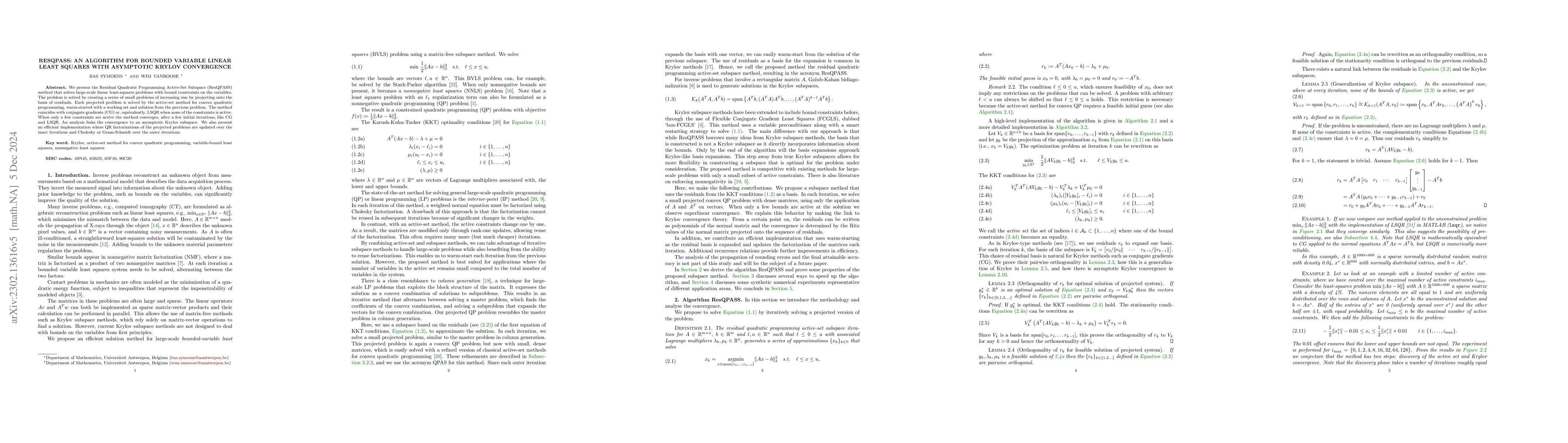 Thumbnail for ResQPASS: an algorithm for bounded variable linear least squares with
  asymptotic Krylov convergence