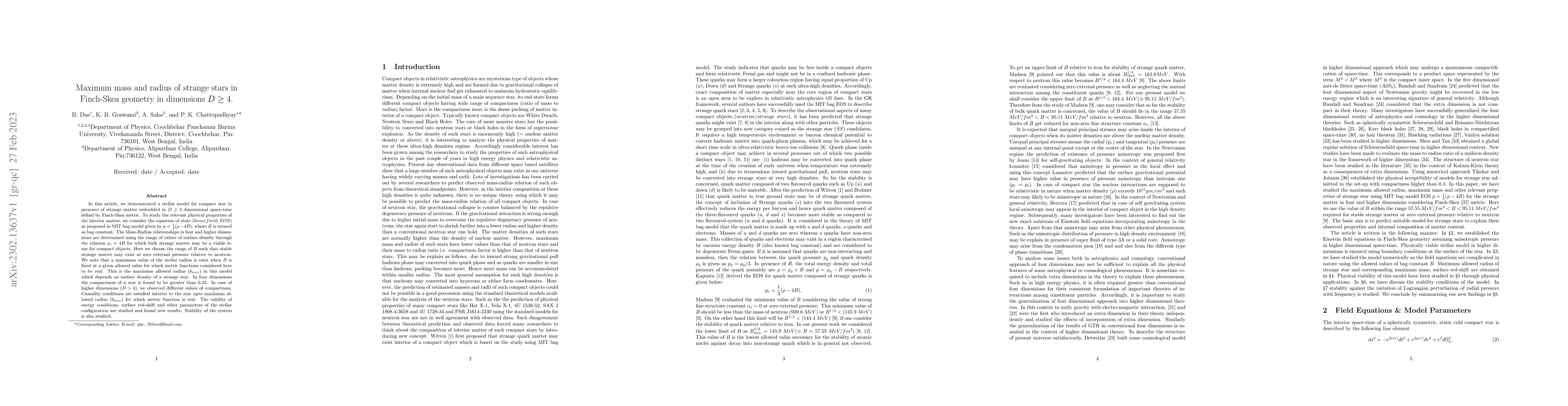 Thumbnail for Maximum mass and radius of strange stars in Finch-Skea geometry in
  dimensions $D\geq4$