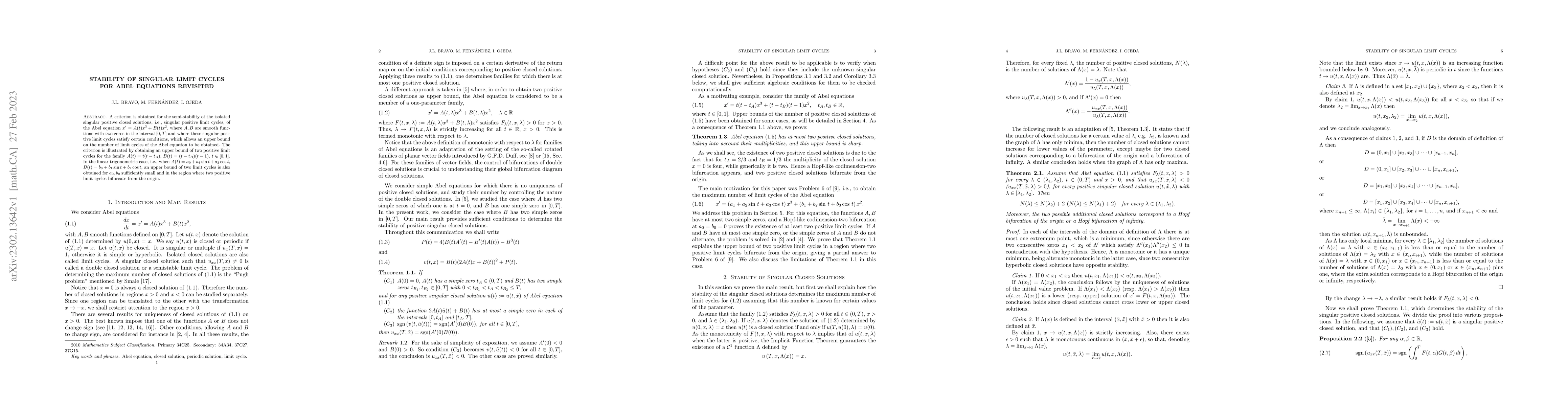 Thumbnail for Stability of singular limit cycles for Abel equations revisited