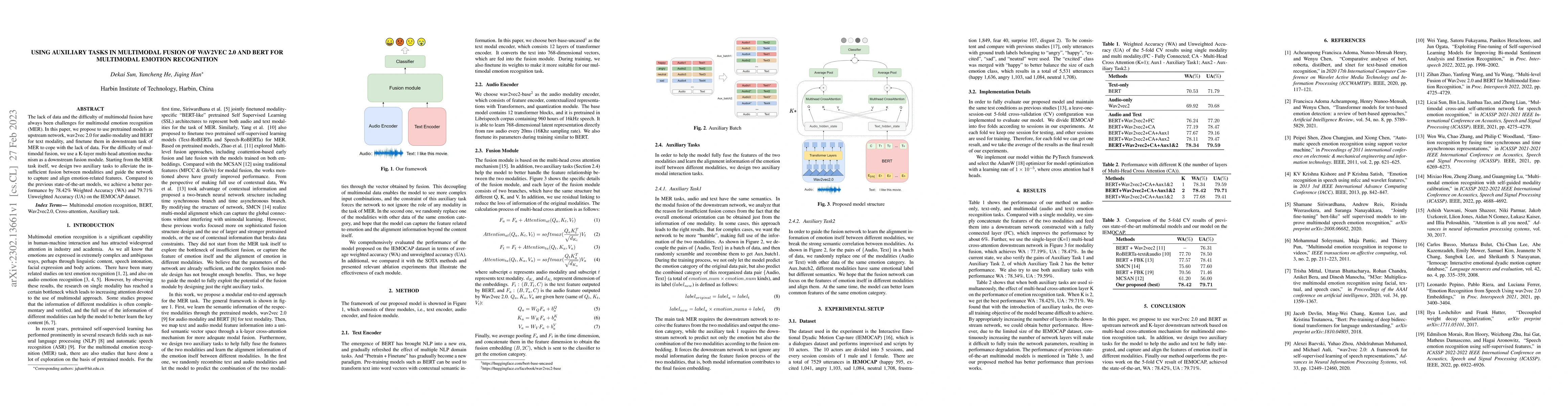 Thumbnail for Using Auxiliary Tasks In Multimodal Fusion Of Wav2vec 2.0 And BERT For
  Multimodal Emotion Recognition