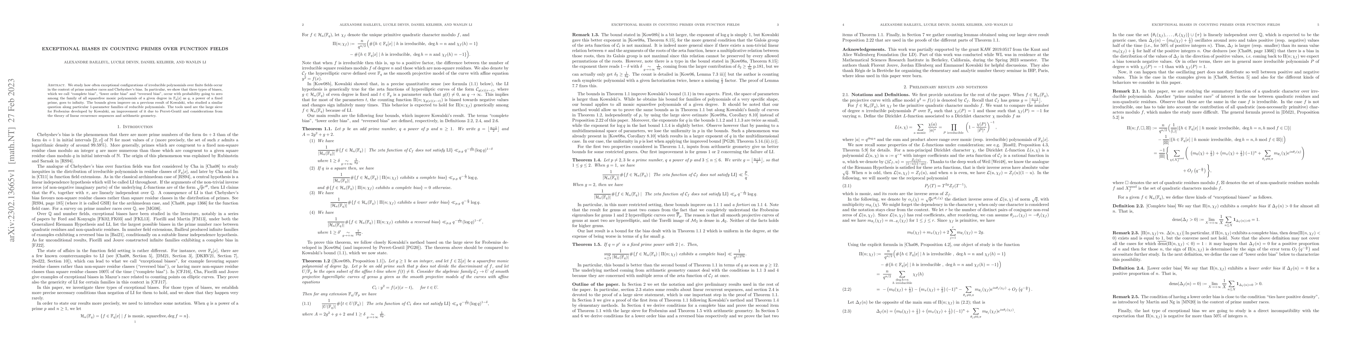 Thumbnail for Exceptional biases in counting primes over functions fields