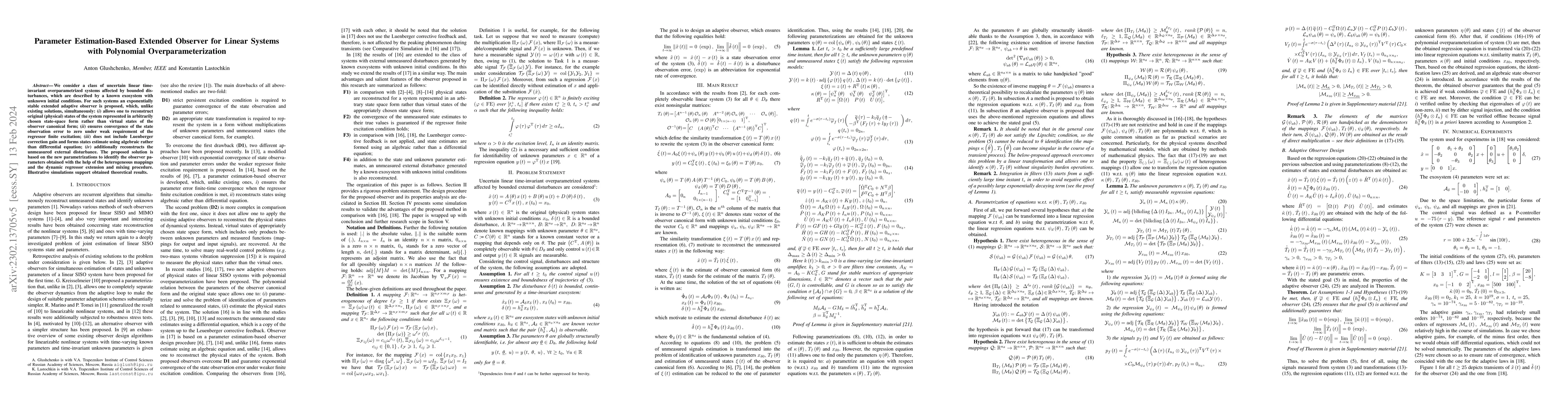 Thumbnail for Parameter Estimation-Based Extended Observer for Linear Systems with
  Polynomial Overparameterization