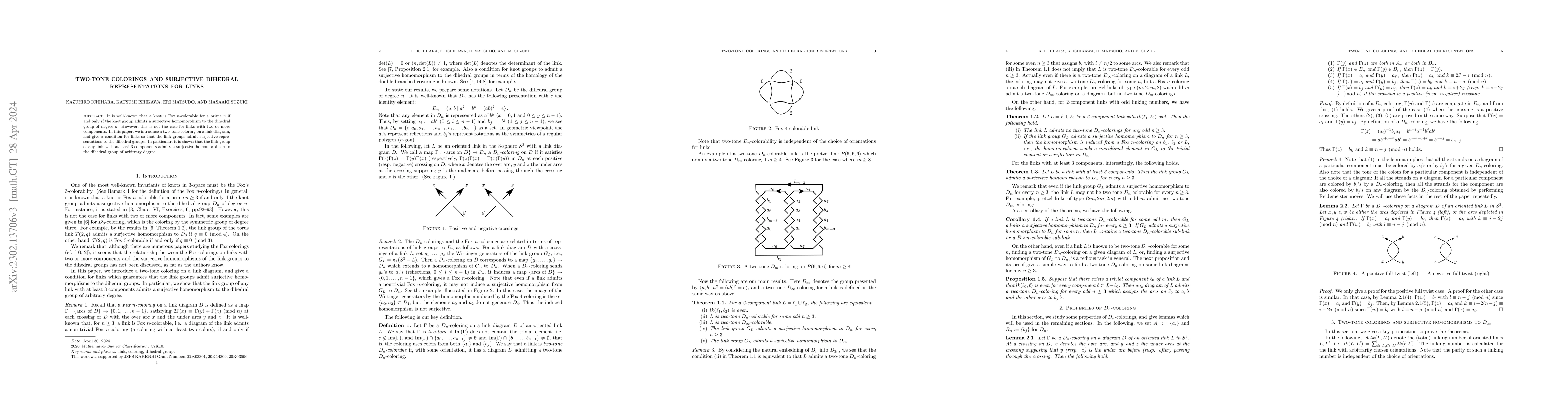 Thumbnail for Two-tone colorings and surjective dihedral representations for links