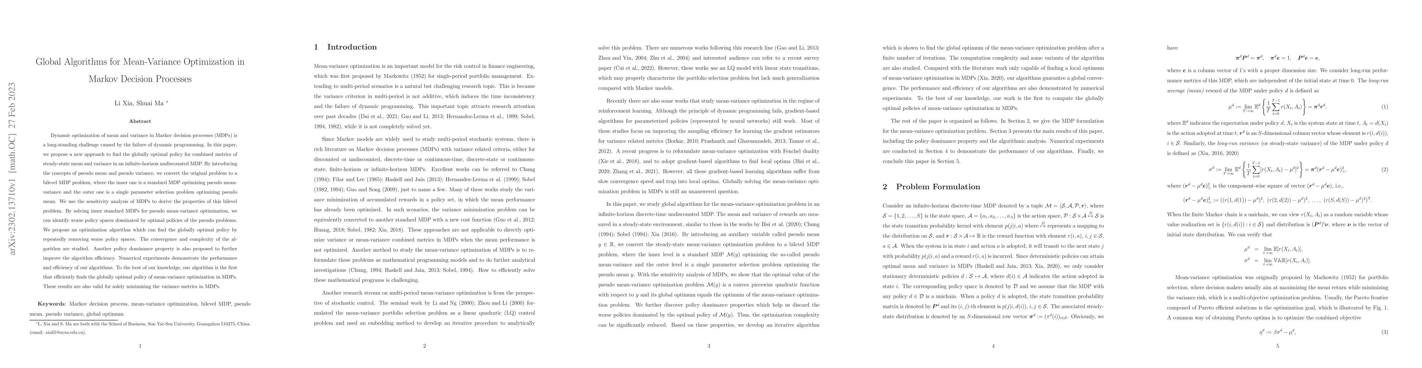 Thumbnail for Global Algorithms for Mean-Variance Optimization in Markov Decision
  Processes