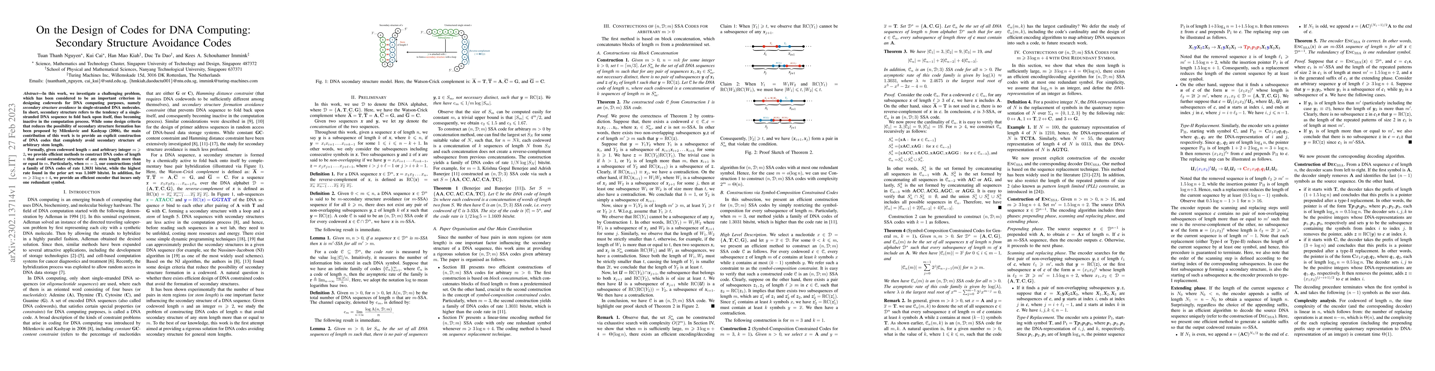 Thumbnail for On the Design of Codes for DNA Computing: Secondary Structure Avoidance
  Codes