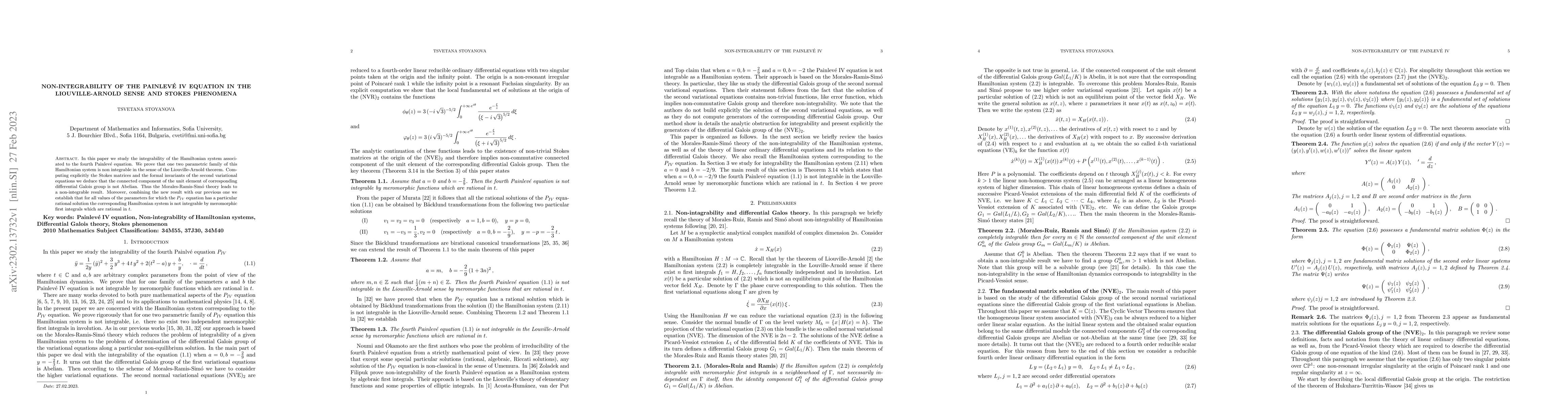 Thumbnail for Non-integrability of the Painlev\'{e} IV equation in the
  Liouville-Arnold sense and Stokes phenomena