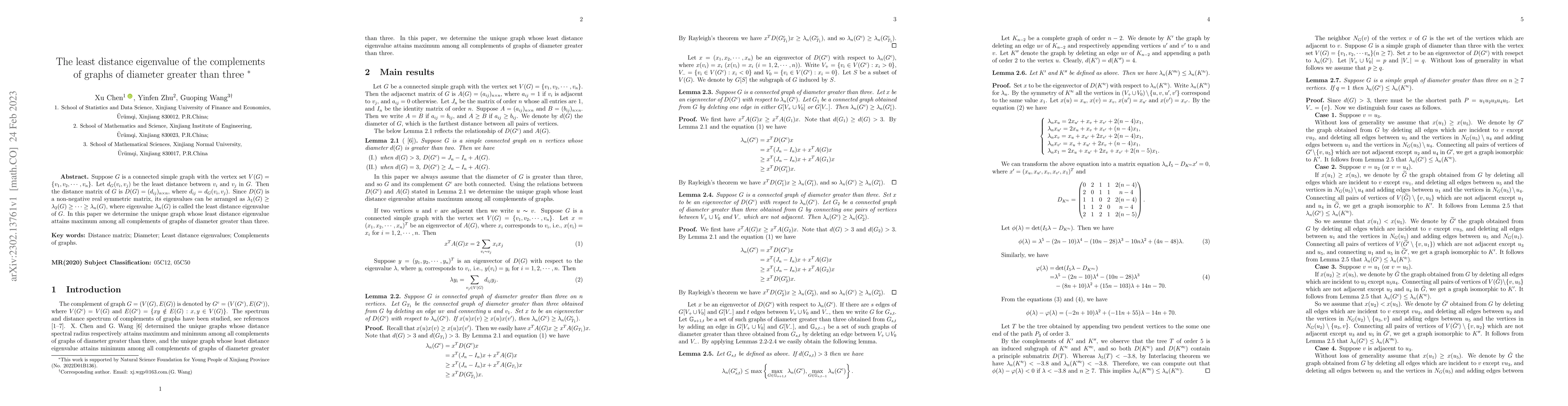 Thumbnail for The least distance eigenvalue of the complements of graphs of diameter
  greater than three