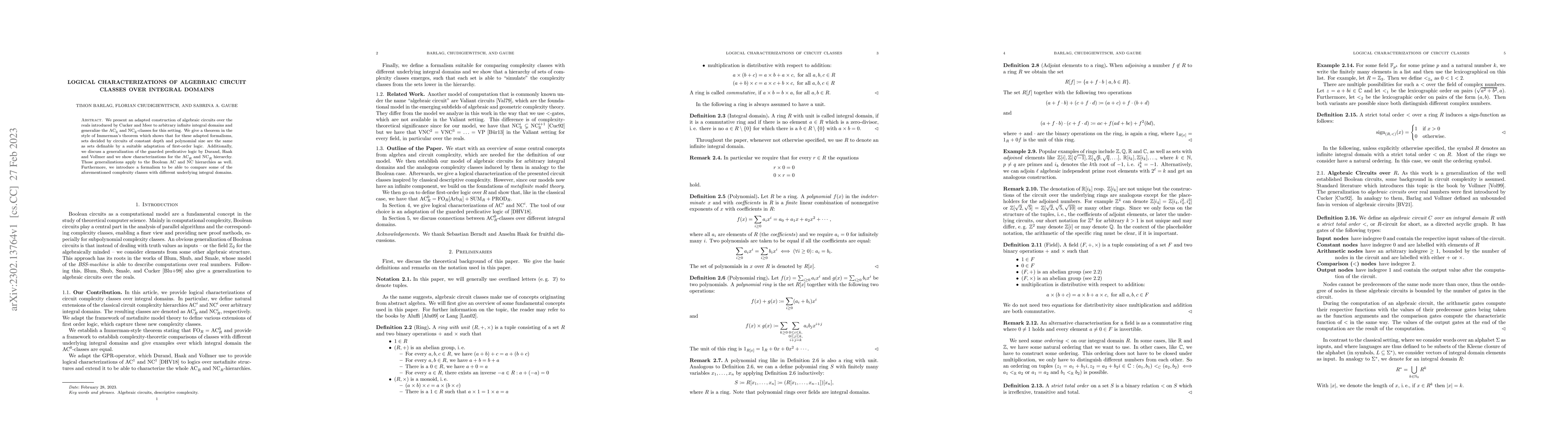 Thumbnail for Logical Characterization of Algebraic Circuit Classes over Integral
  Domains