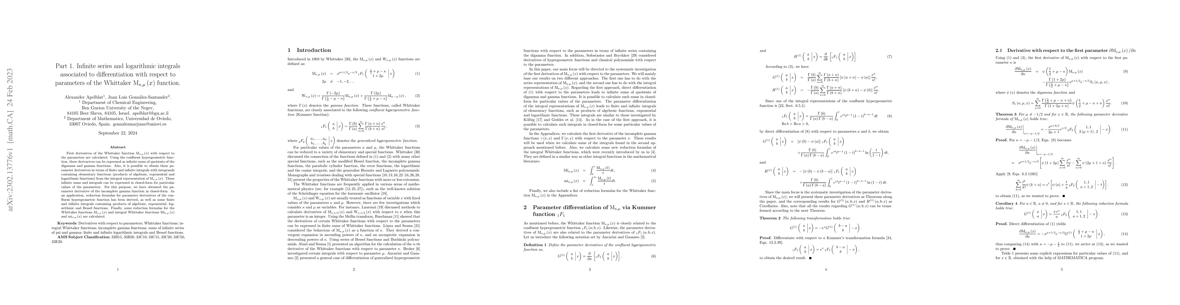 Thumbnail for Part 1. Infinite series and logarithmic integrals associated to
  differentiation with respect to parameters of the Whittaker
  $\mathrm{M}_{\kappa ,\mu }\left( x\right) $ function