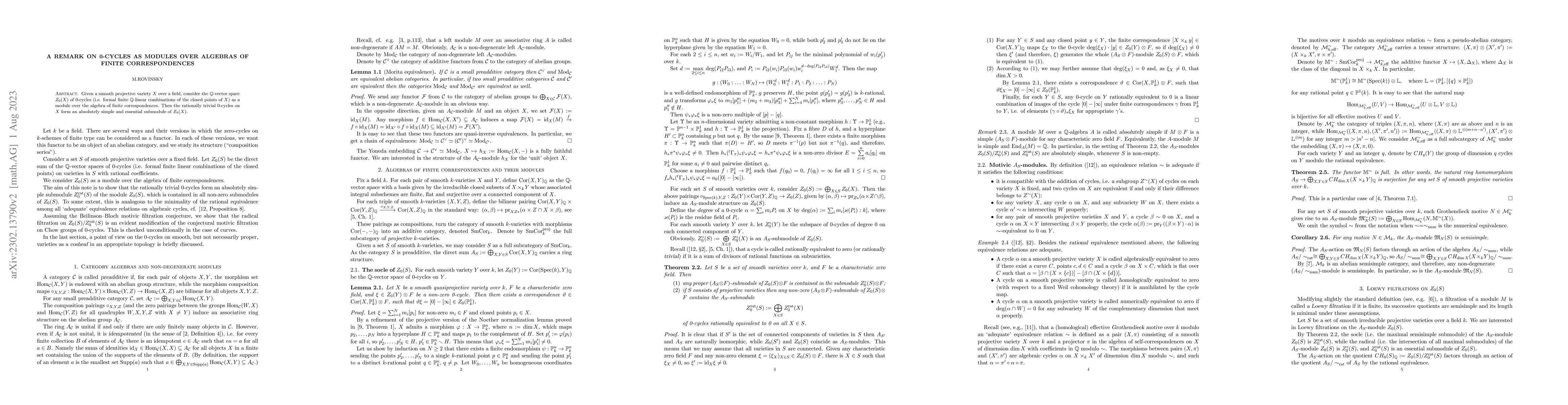 Thumbnail for A remark on 0-cycles as modules over algebras of finite correspondences